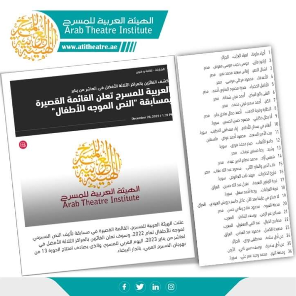 الهيئة العربية للمسرح تعلن القائمة القصيرة في مسابقة تأليف النص المسرحي الموجه للأطفال لعام 2022